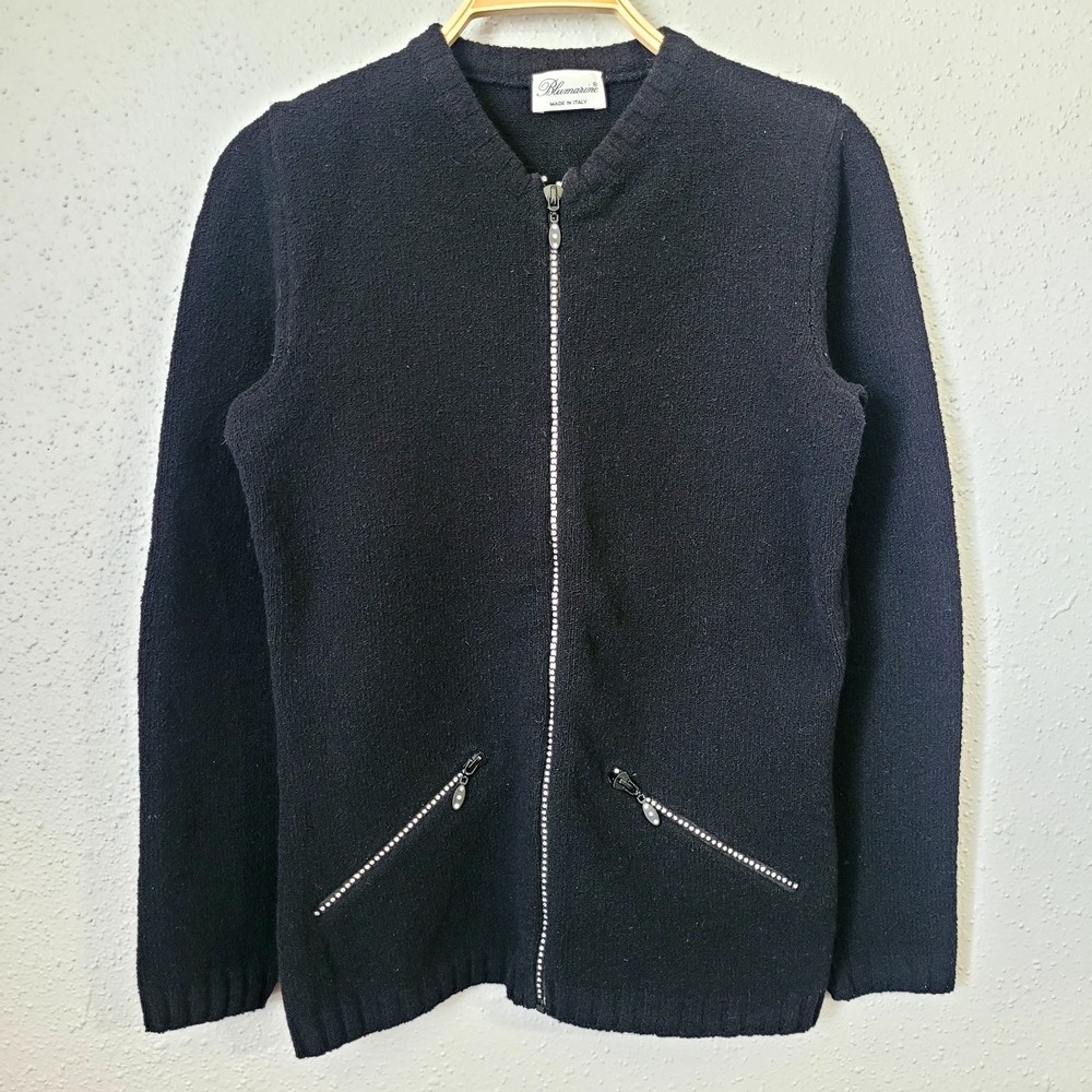Blumarine Black Wool Blend Rhinestone Embellished Zip Up Cardigan Small